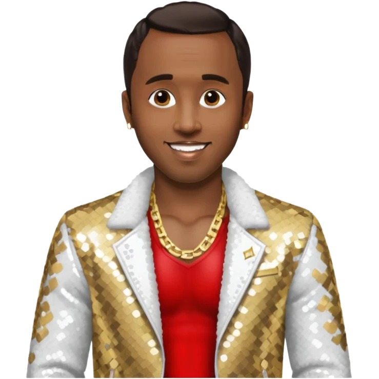 P. Diddy with dark brown hair, white sequin jacket, shirtless with necklace emoji