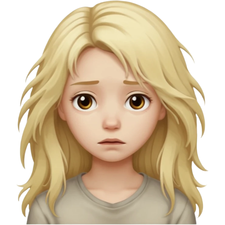 blonde girl, with long messy hair, and sad look emoji
