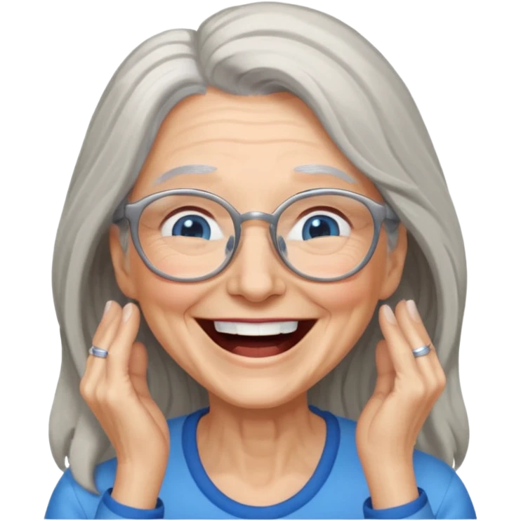 Older woman with long gray hair and blue eyes and glasses laughing emoji