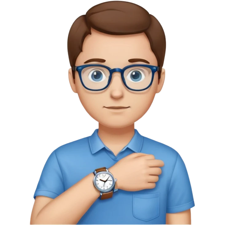 person with brown hair, blue eyes, glasses, wearing a blue shirt and a watch emoji