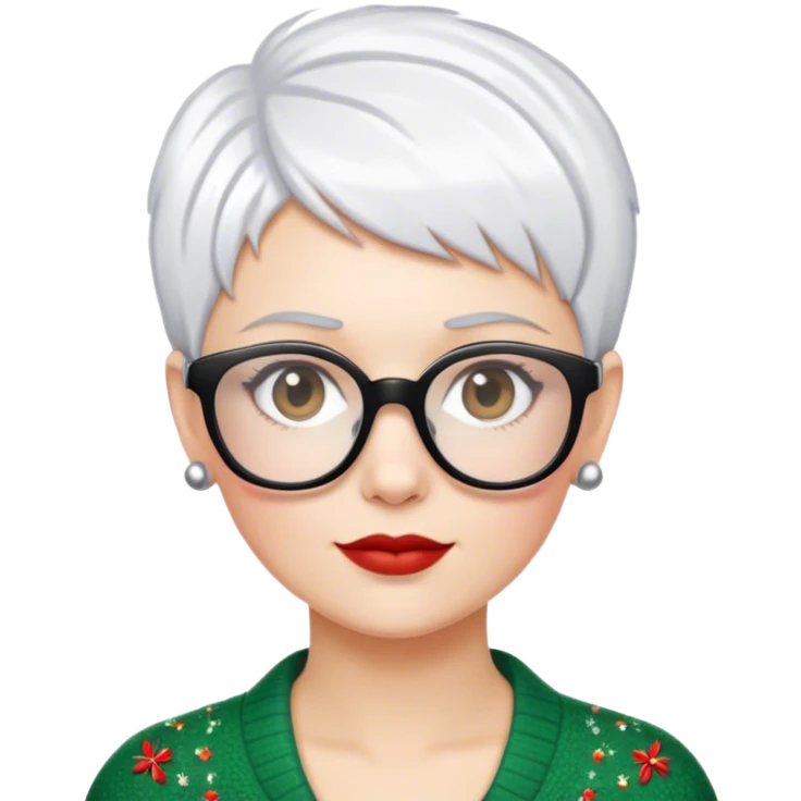 White woman with short pixie white hair xmas glasses emoji