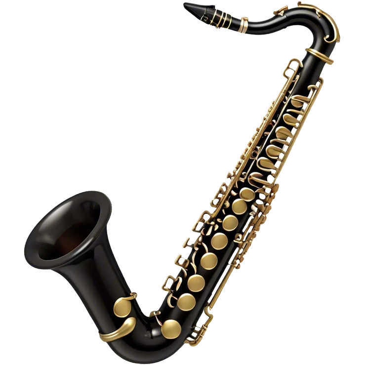 Create a detailed and unique emoji representing a black clarinet with a saxophone-style mouthpiece. The design should feature the sleek, dark wood finish of the clarinet, with its shiny metal keys clearly visible, but at the top, include the large, curved mouthpiece typical of a saxophone. The mouthpiece should have a reed, similar to the one used in a saxophone, with subtle details to indicate its function. Use dark wood tones for the body of the instrument and silver or brass accents for the keys. Add small musical notes or soundwaves around the instrument to evoke its smooth, melodic sound. The background should be transparent emoji