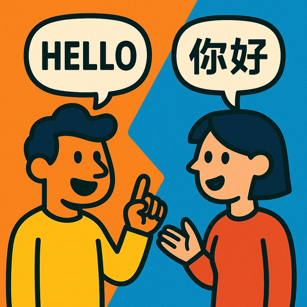 two cartoon people talking, one with English text, one with Chinese text in their speech bubbles emoji