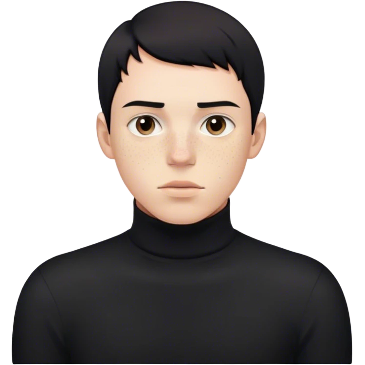 A young man with short, jet-black hair and pale freckles, wearing a sleek black turtleneck, staring blankly at the viewer emoji