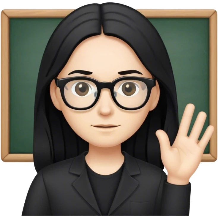 pale teacher with long black hair, wearing glasses and black shirt teaching emoji