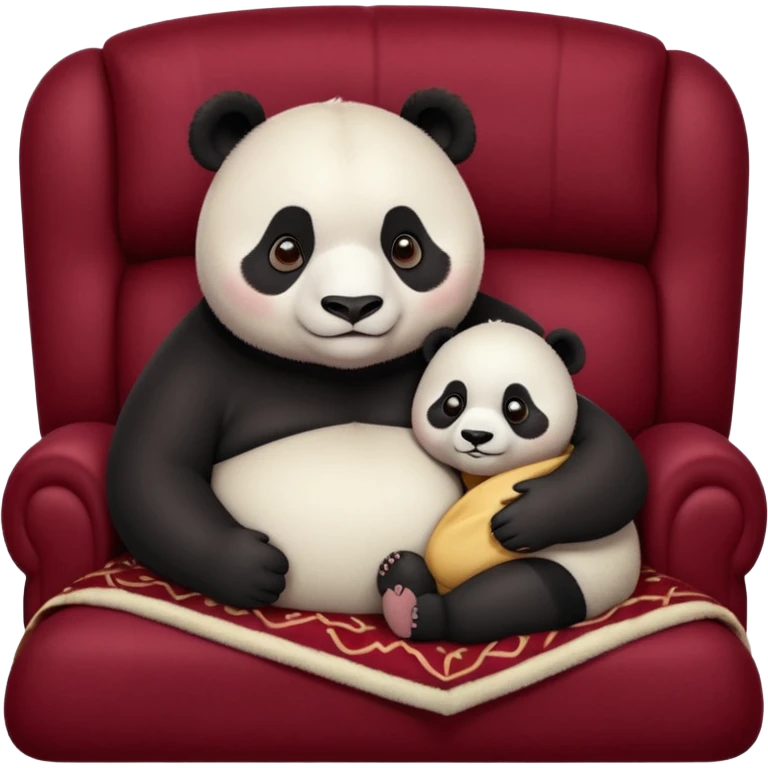  overweight female panda and adorable baby, snuggle on a realistic dark red velvet couch with a blanket, to watch a movie, couch is far too small for them. emoji