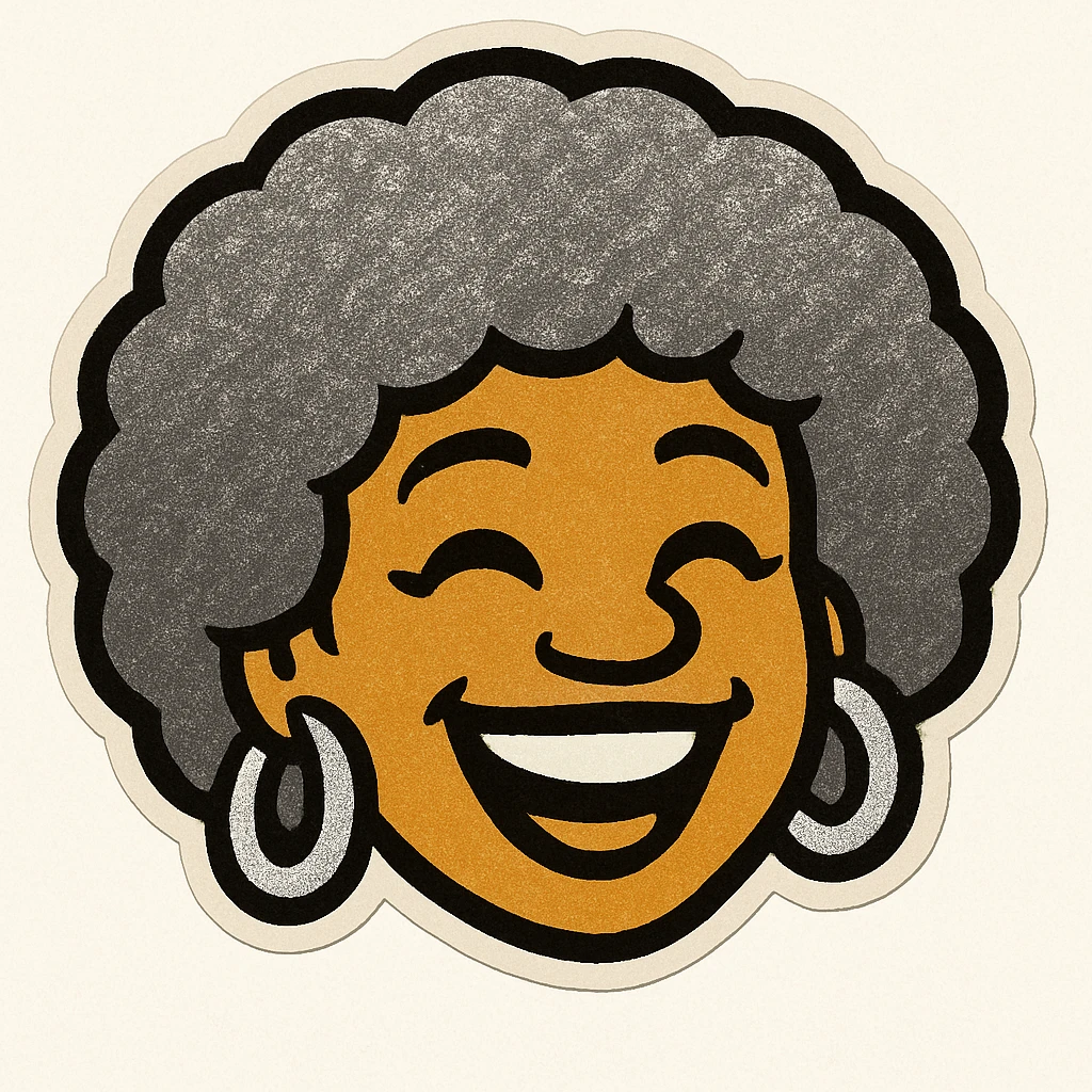 Create a 1970s disco emoji of just the head of a female African American, inspired by the references, using only gold, silver, black, and white. Show a joyful expression, afro hairstyle, and disco earrings in these colors, in a vibrant pop colors style. emoji