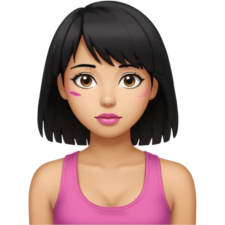 Tan skin woman emoji, full breasts, wearing a tank top, sideways bangs, shoulder-length black hair a little messy, almond eyes pink lips emoji