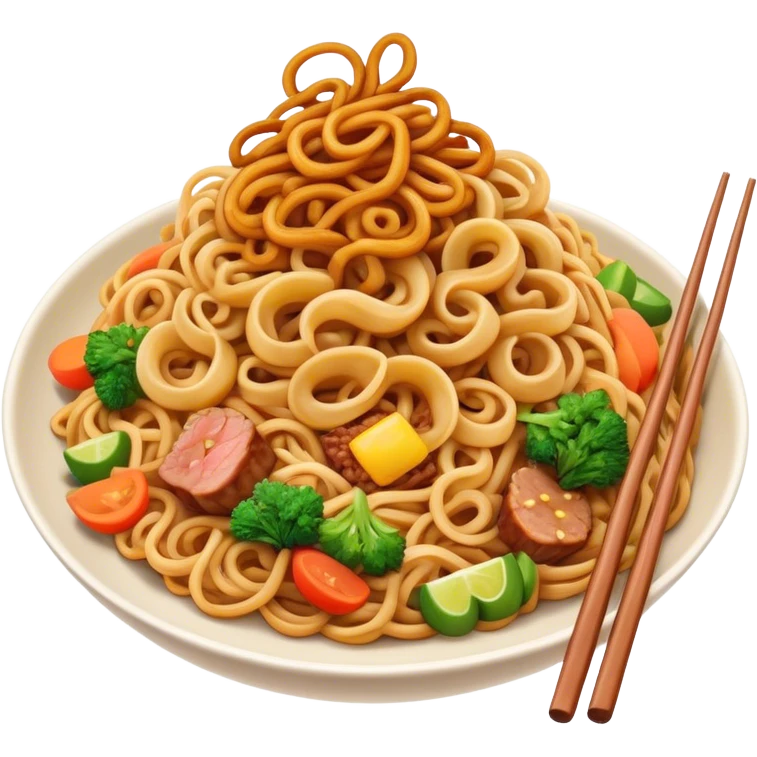 Cinematic Realistic Mie Goreng Dish Emoji, featuring stir‚Äêfried noodles with vegetables and meat rendered with dynamic textures and warm, appetizing lighting. emoji