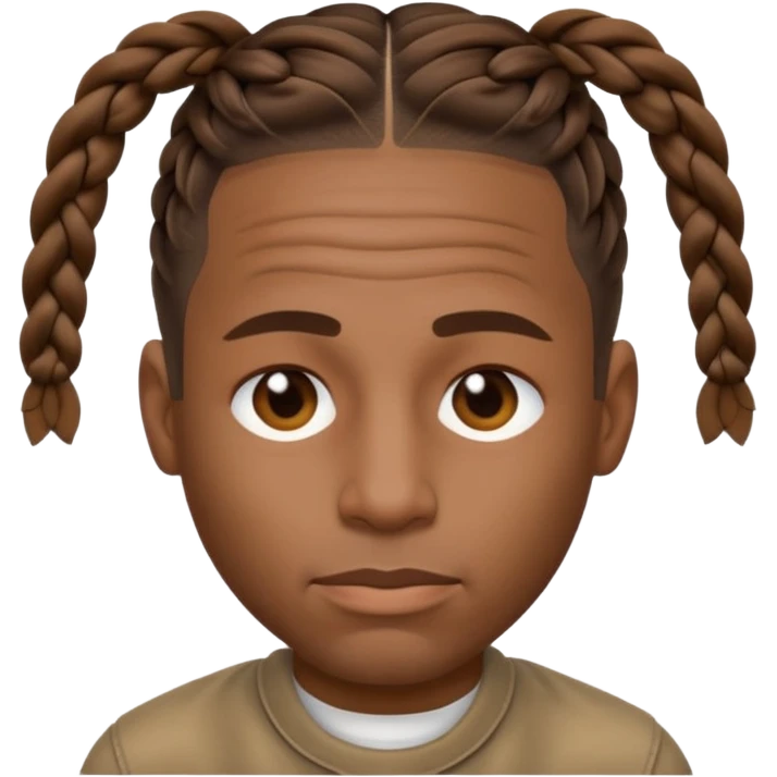 Create an iOS-style emoji of Travis Scott. Neutral facial expression, front-facing head only. Braided hair. Clean Apple emoji style, smooth shading, simple shapes, plain background. emoji