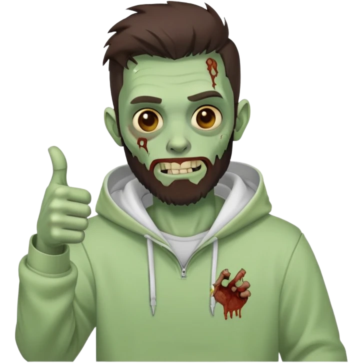 zombie with thumbs up gesture, undercut hairstyle with dark brown hair, short full beard, wearing plain white hoodie emoji