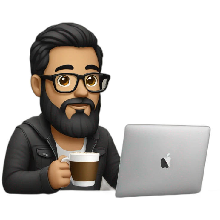 Designer with black hair, beard and glasses working with MacBook and drinking cappuccino  emoji