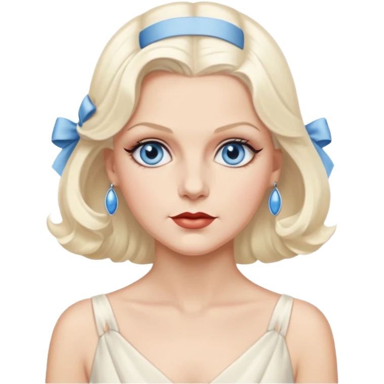 Jean Harlow with blue eyes, platinum blonde hair, ivory outfit emoji