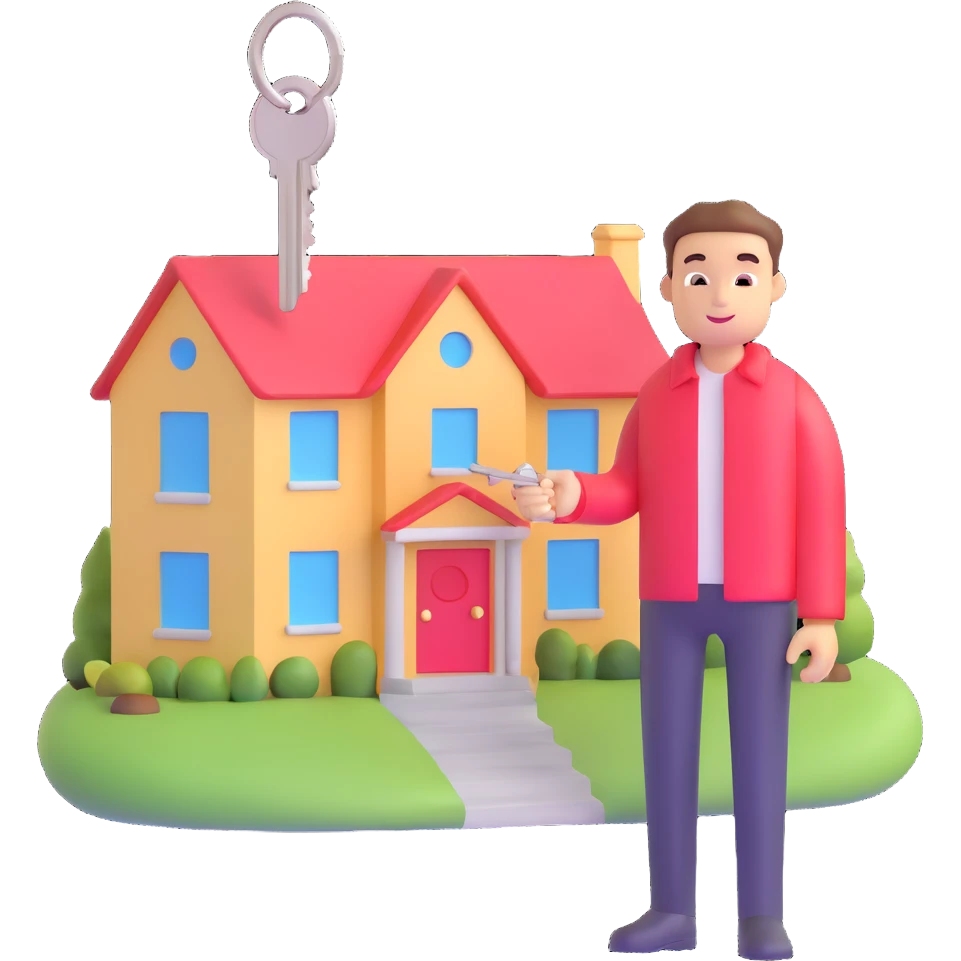 person holding a house key and standing by a house for sale emoji