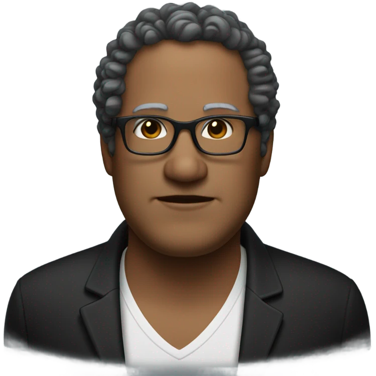 55 year old man overweight curly thinning hair white wearing black dress shirt black rim square glasses  emoji