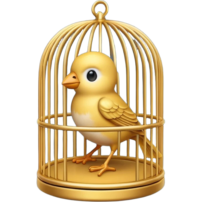 “3D emoji of a small bird inside a golden round cage, in Apple Memoji style. Soft studio lighting, glossy finish, black background, minimalistic and centered composition.” emoji