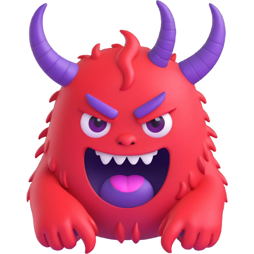 a sad but happy red monster with purple horns, 3D emoji style emoji