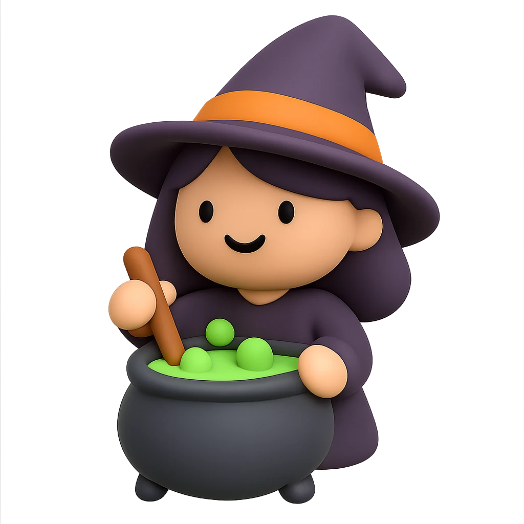 A cute witch with pointed hat stirring a cauldron with glowing green potion emoji