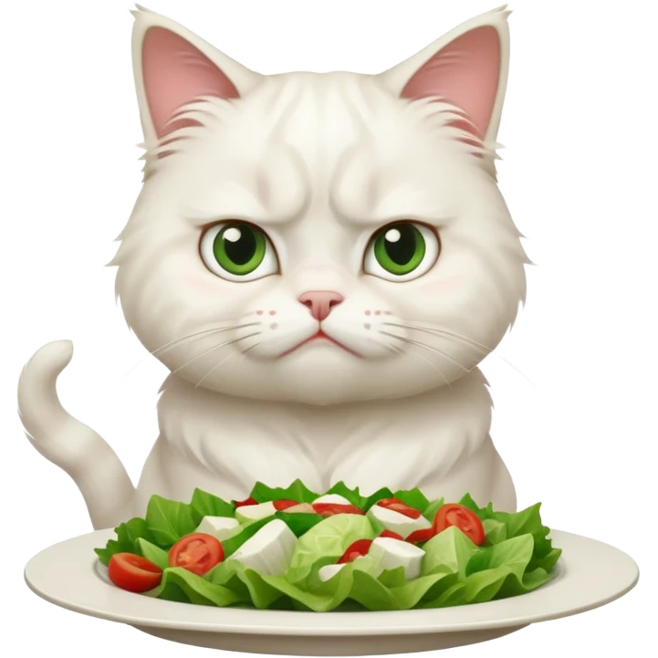 grumpy white cat sitting at a table, looking confused with its ears slightly back. In front of the cat is a plate with a salad with mouth a little open, and disagreement in the cat's face emoji