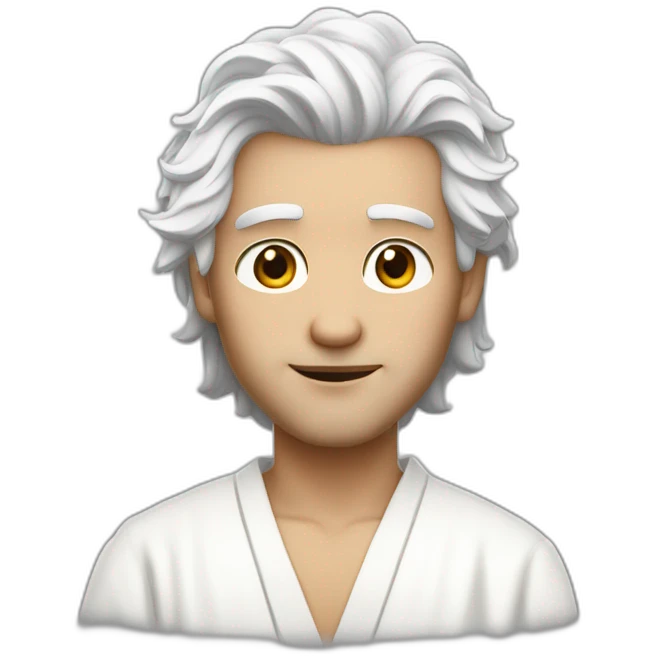 Guy with scar under left eye, white wispy hair going upwards, white robe emoji