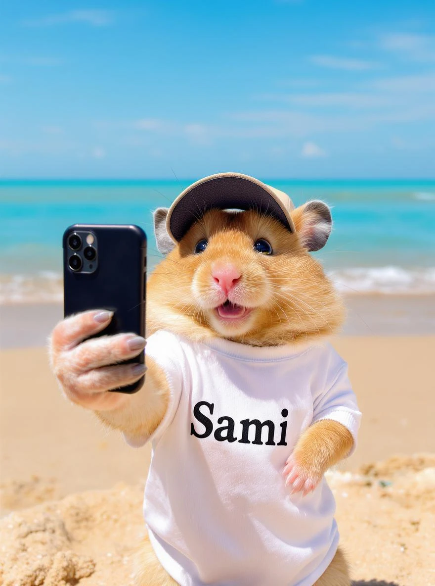 Orange tabby hamster in a t-shirt saying "Sami" and cap taking selfies against the background of beach and blue sea, shot with an 85 mm f/11 lens, ISO 100, 8K RAW, no blur emoji