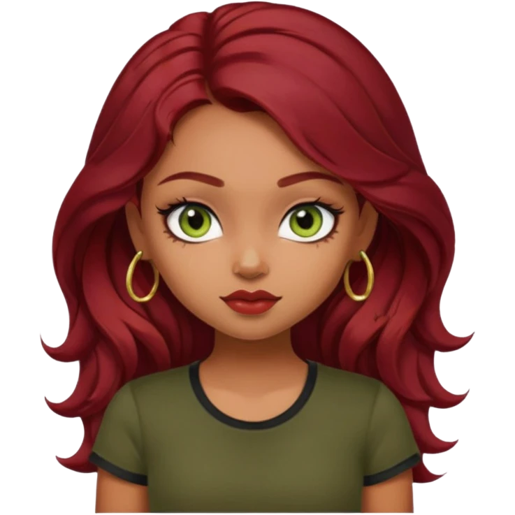a pretty FAIR indian bratz girl with wavy dark red hair, wearing a black tee. eyeliner on, olive green eyes.  emoji