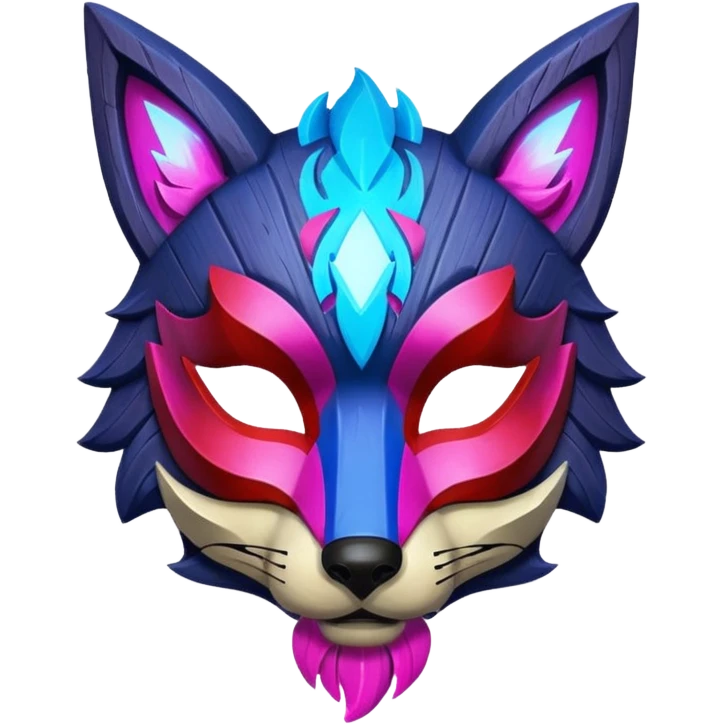 Ancient wooden mask, broken in half, luminous and neon with red, blue, and pink fox-like glow. Fragments of the mask scattered around. emoji