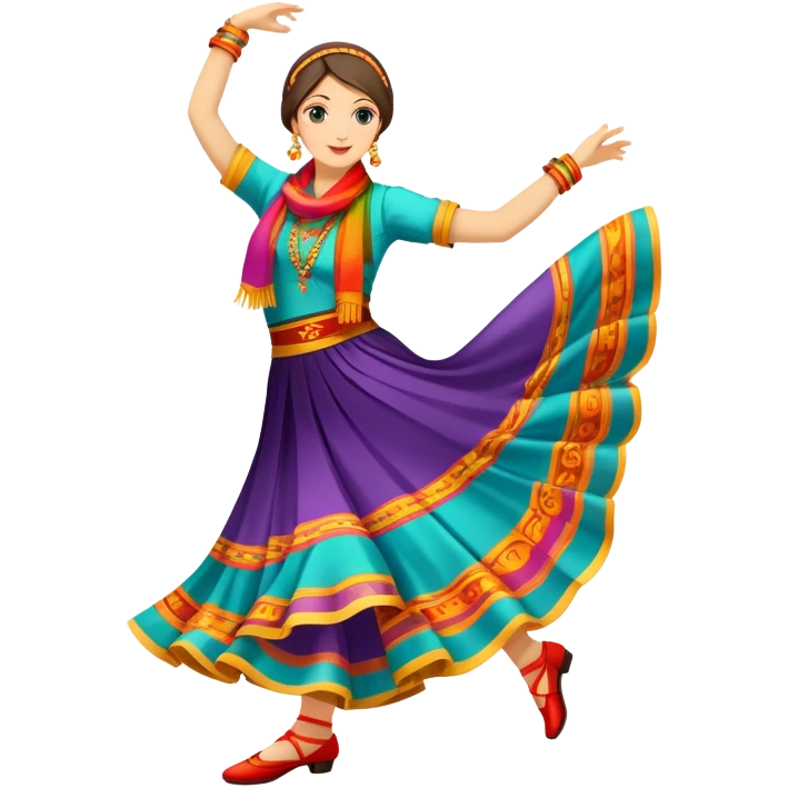 Humanless Icon for Folk Dance: traditional folk dance shoes, a colorful scarf, and a vibrant dance floor. The icon should capture the energy and cultural richness of folk dancing, with emphasis on movement, rhythm, and traditional attire. Transparent background. emoji