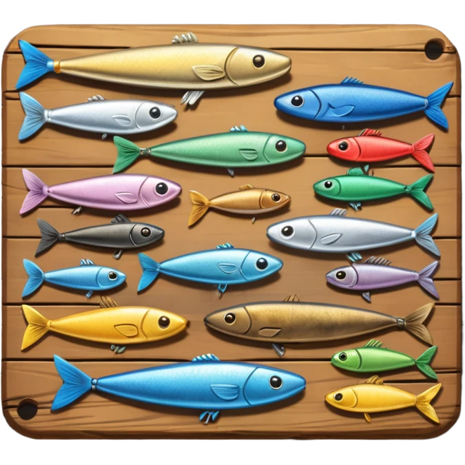 A metal lure set arranged on a wooden plank emoji