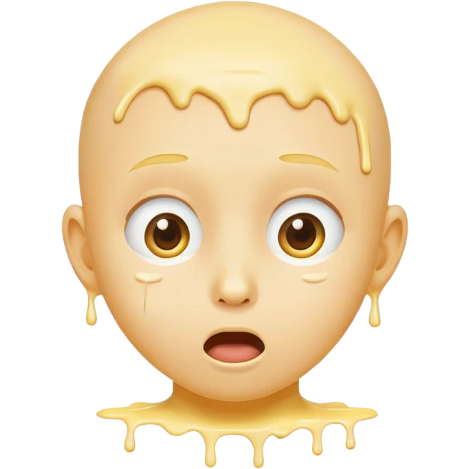 surprised face, classic emoji, 😮, yellow circular, genderless, hairless, white cream dripping from cheeks, white cream in mouth emoji