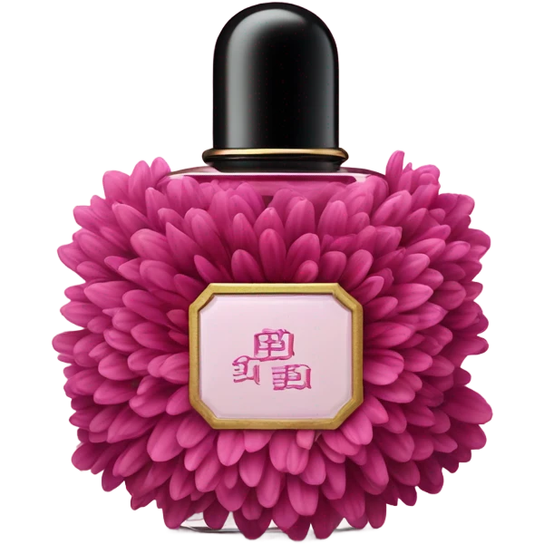 Aesthetic composition of dark pink chrysanthemums and an antique deep pink perfume bottle. emoji