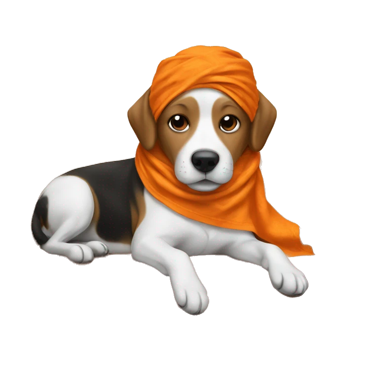 dog laying on a couch, wearing orange bandana emoji