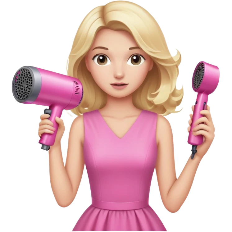 blonde woman in pink dress holding a pink Dyson hairdryer, hair blowing emoji