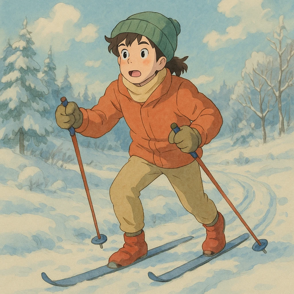 cross-country skier in Ghibli style, soft colors, expressive face, winter landscape, whimsical atmosphere emoji