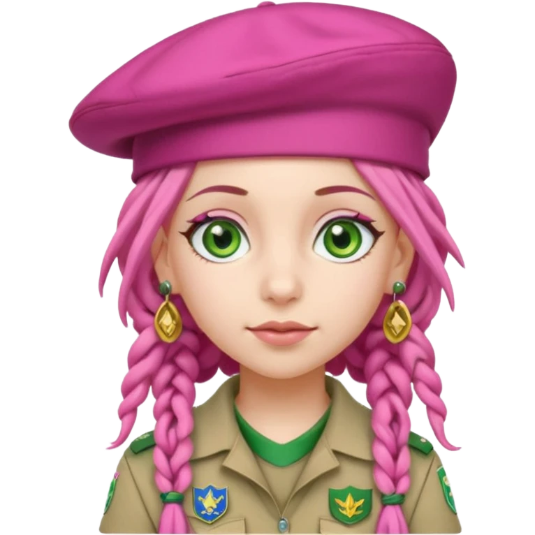 very pretty girl big green eyes, scout girl with pretty pink uniform, pink dreadlocks, and big earrings and scouts hat emoji