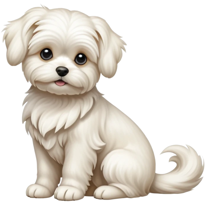 detailed-[Maltese dog]-realistic-full-body-sitting-emoji,-tail-resting-loosely-beside-its-paws,-head-tilted-dramatically, -wavy-[cream white]-fur,-simplified-yet-realistic-focused-features,-highly-detailed,-glowing-with-an-almost-sarcastic-glow emoji