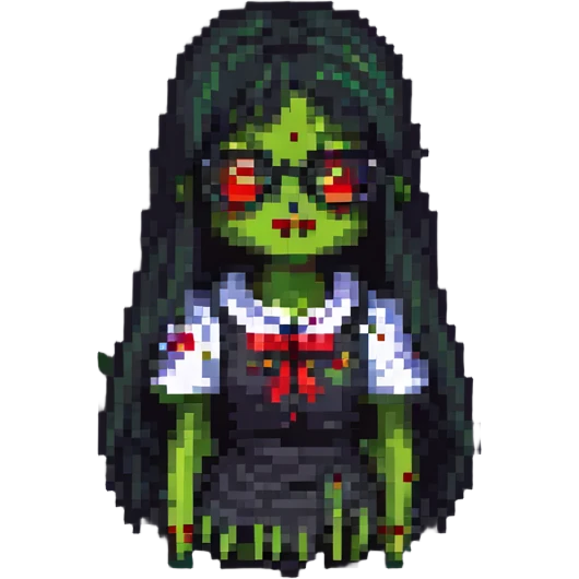 zombie girl with long black hair, bangs, and glasses, pixel art style emoji