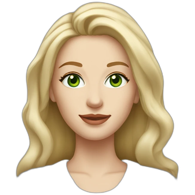 medium blonde woman with shoulderlenght hair, green eyes, long face, pale skin, silver earrings wearing a grey sweater emoji