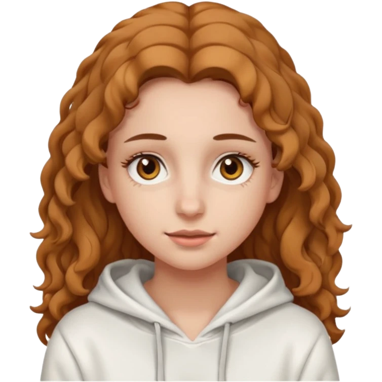 Una ragazza con una felpa semplice bianca,ha gli occhi marroni,i capelli marroni chiaro , c’è gli ha lunghi e ricci ma non troppo e ha le ciglia stile emoji apple emoji