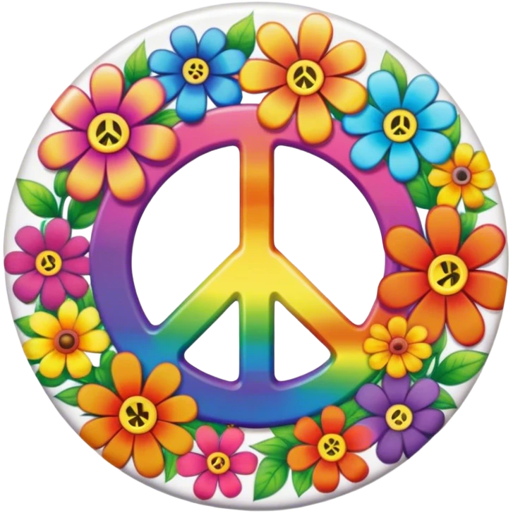 A round psychedelic colored button with the word “peace” in the center with rainbow colored hippie style flowers emoji
