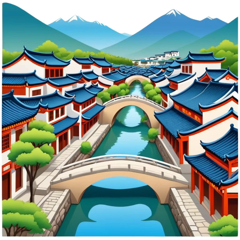 Lijiang Ancient Town Yunnan with canals and bridges, simplified emoji style with bold outlines and bright colors, cartoon style traditional Chinese old town emoji