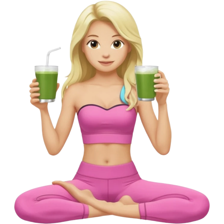 long haired blonde pilates instructor in pink drinking matcha in cute set with no straps emoji