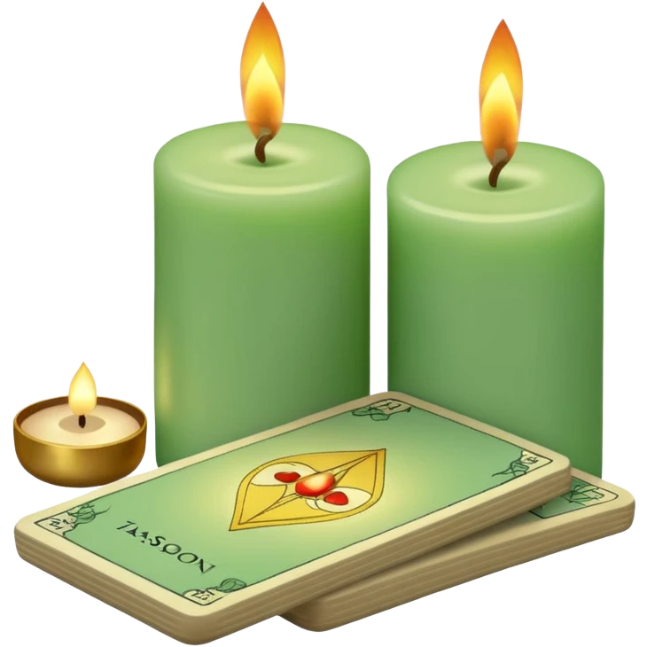 A light green deck of tarot cards and a one candle nearby emoji