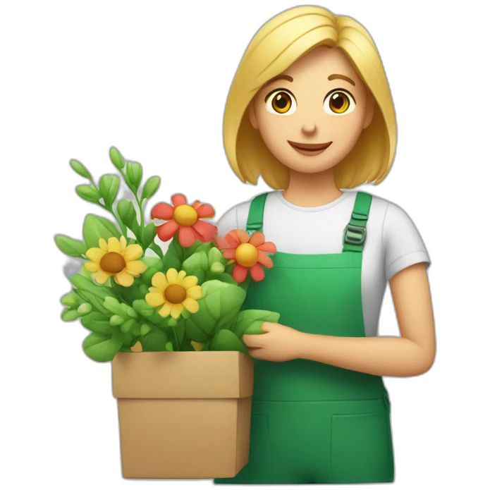 The florist is holding flowers, a gift and a green tick emoji