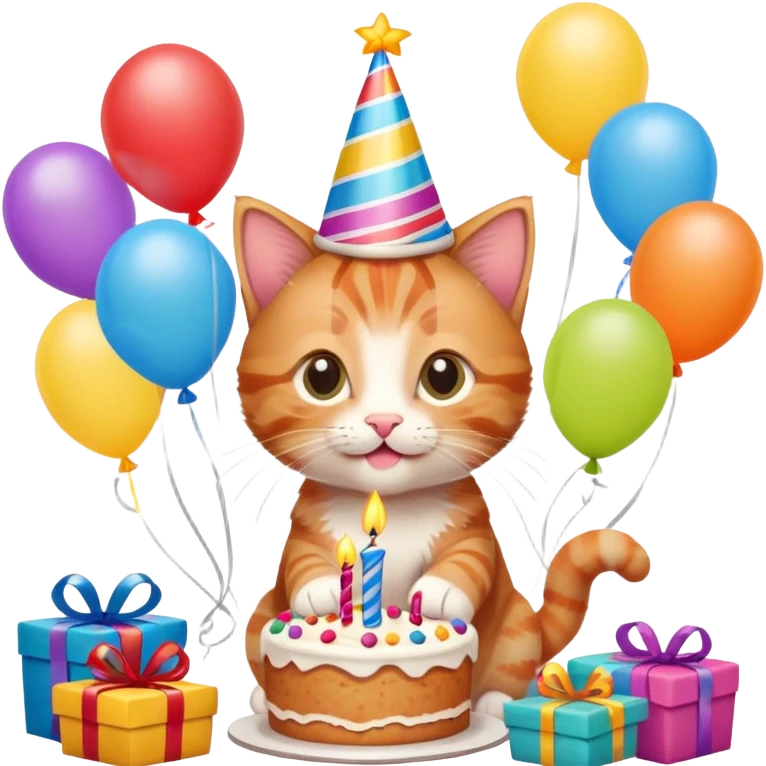 Ginger tabby kitten celebrates birthday, birthday hat, birthday cake, balloons, happy, gifts emoji