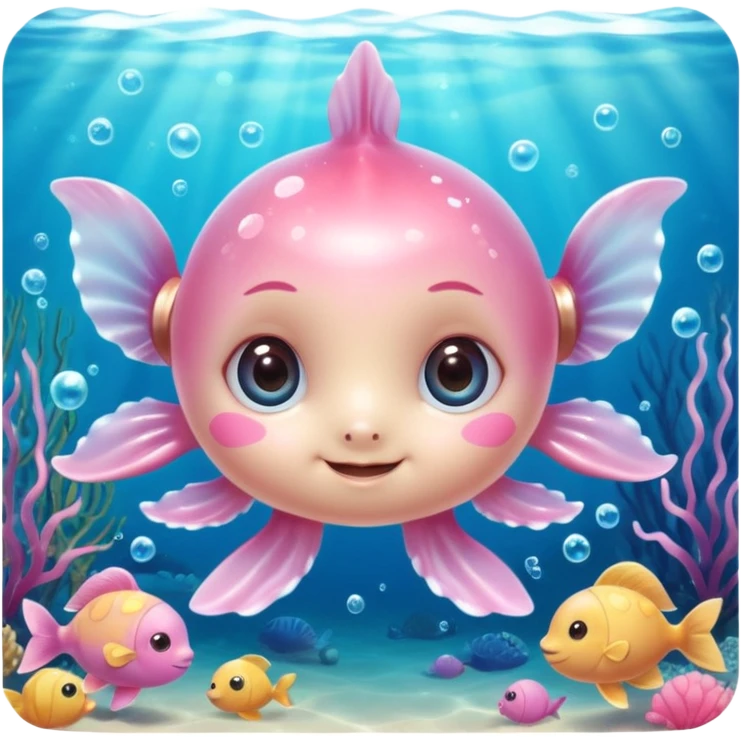 extremely cute, detailed underwater creature, shiny plastic look, huge sparkling eyes with highlights, tiny body, friendly smile, rosy cheeks, fine textures, soft pastel colors with bright accents, small accessories like hearts or bows, detailed shading and highlights emoji