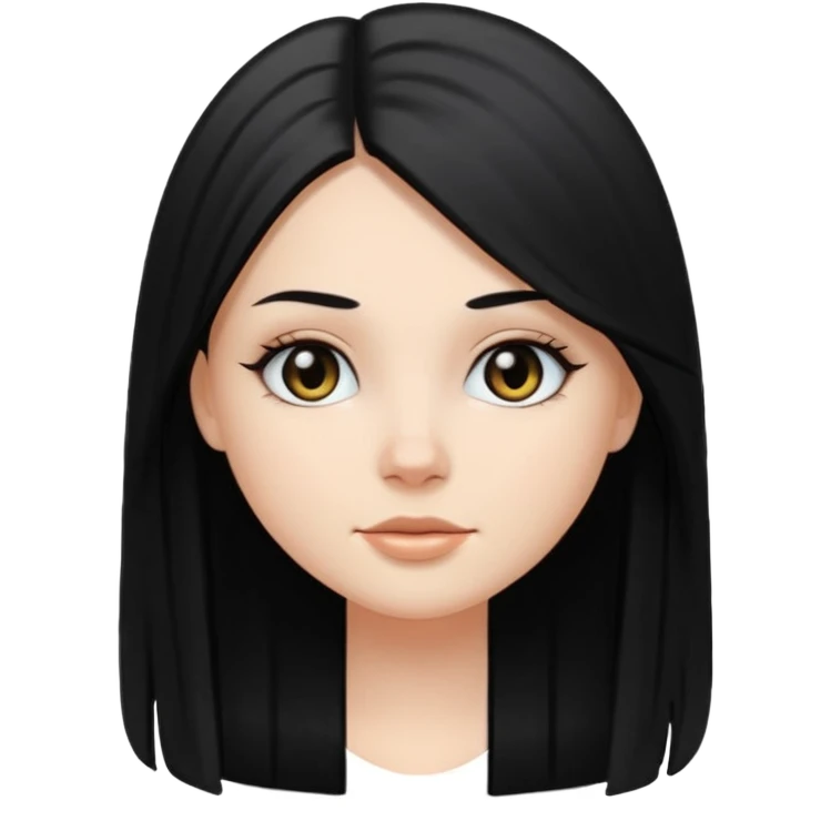 White girl, long black straight hair, round face, black eyes emoji