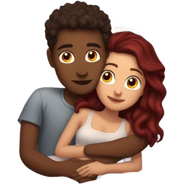 Burgundy haired girl and brunette boyfriend cuddling in bed emoji