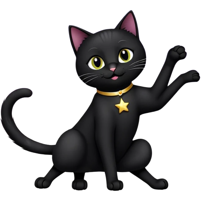 A black cat mid-stretch with exaggerated paw reach and a smug face, framed with playful stars and sparkles emoji