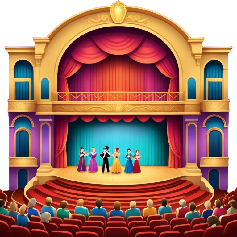 An icon showing a grand theater stage with actors performing in a vibrant play, surrounded by dramatic lighting. The audience watches from colorful balconies, adding to the lively atmosphere. The design captures the magic of live theater, set against a transparent background. emoji
